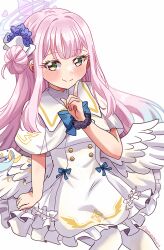 Rule 34 | 1girl, amai-tapioca, blue archive, hair bun, looking at viewer, mika (blue archive), pink hair, simple background, smile, solo, wings, yellow eyes