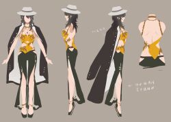 Rule 34 | 1girl, a-pose, absurdres, alternate costume, ankle bell, anklet, bare arms, black coat, black footwear, black hair, black pants, breasts, camisole, character sheet, chinese commentary, chinese text, clothing cutout, coat, coat on shoulders, commentary, concept art, cropped torso, deren (path to nowhere), doo58455, earrings, fedora, flat color, gold anklet, gold choker, grey background, hat, highres, jewelry, long hair, median furrow, medium breasts, multiple views, no eyes, pants, path to nowhere, shoulder blades, sideless shirt, simple background, simplified chinese text, stomach cutout, translated, two-sided coat, two-sided fabric, white hat, yellow camisole