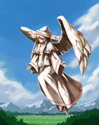Rule 34 | 1girl, capelet, cloud, day, closed eyes, female focus, flying, hat, hirosato, lily white, long hair, mountain, outstretched arms, sky, solo, touhou, wings