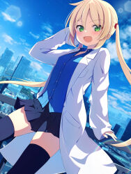 Rule 34 | 1girl, :d, against railing, arm support, black skirt, black thighhighs, blonde hair, blue shirt, blue sky, blush, cityscape, coat, commentary request, commission, dress shirt, dutch angle, green eyes, hand up, hayate no gotoku!, highres, lab coat, lapels, leaning back, long hair, long sleeves, notched lapels, open mouth, pleated skirt, pocket, railing, sanzen&#039;in nagi, seek arrow, shirt, skirt, sky, sleeves past wrists, smile, solo, thighhighs, twintails, white coat, wind