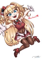 Rule 34 | 1girl, absurdres, akai haato, blonde hair, blue eyes, bow, breasts, brown thighhighs, character name, commentary, cosplay, covered navel, gloves, hair bow, hair ornament, heart, heart hair ornament, high heels, highres, hololive, houshou marine, houshou marine (1st costume), houshou marine (cosplay), jqhnharqld, large breasts, long hair, miniskirt, outstretched arms, pleated skirt, signature, skirt, solo, thighhighs, two side up, very long hair, virtual youtuber, white gloves