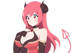 Rule 34 | 1girl, blush, breasts, brown eyes, demon horns, hair between eyes, hair ornament, horns, io (princess connect!), kuroha uma, large breasts, long hair, princess connect!, white background