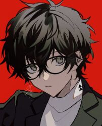 Rule 34 | 1boy, a d chi, amamiya ren, black-framed eyewear, black hair, black jacket, commentary request, glasses, grey eyes, hair between eyes, jacket, looking at viewer, male focus, messy hair, parted lips, persona, persona 5, portrait, red background, school uniform, short hair, shuujin academy school uniform, signature, solo, sweater, turtleneck, turtleneck sweater, upper body, white sweater