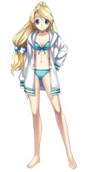 Rule 34 | 1girl, alternate costume, aqua eyes, atelier (series), atelier marie, barefoot, bikini, bikini under clothes, blonde hair, blue bikini, breasts, cleavage, commentary, cross edge, earrings, feet, female focus, front-tie top, full body, gust, hair bobbles, hair ornament, hirano katsuyuki, hood, hoodie, jacket, jewelry, legs, long hair, low-tied long hair, marie (atelier), medium breasts, navel, official art, open clothes, open jacket, parted bangs, ponytail, quad tails, simple background, smile, solo, standing, striped bikini, striped clothes, swimsuit, swimsuit under clothes, unzipped, white background, zipper