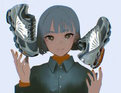 Rule 34 | 1girl, air kon, bad id, bad twitter id, blue shirt, bob cut, brown eyes, closed mouth, light blue background, long sleeves, mole, mole under mouth, nail polish, orange nails, original, shirt, shoes, short hair, simple background, sneakers, solo, upper body