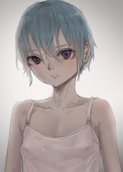 Rule 34 | 1girl, blue hair, blush, breasts, closed mouth, collarbone, female focus, highres, looking at viewer, nipples, original, purple eyes, see-through, short hair, small breasts, solo, upper body, wet, yamada (gotyui)