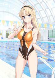 Rule 34 | 1girl, absurdres, ahoge, black hairband, blonde hair, blue eyes, breasts, brown one-piece swimsuit, collarbone, commentary request, competition swimsuit, covered navel, feet out of frame, hairband, highleg, highleg swimsuit, highres, indoors, kohagura ellen, lane line, long hair, medium breasts, multicolored clothes, multicolored swimsuit, one-piece swimsuit, pool, pool ladder, solo, standing, string of flags, swimsuit, takafumi, toji no miko, v, variant set