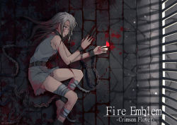 Rule 34 | 1girl, aged down, bandages, belt, blood, bloody handprints, bound, bound wrists, brown hair, chain, collar, copyright name, crying, crying with eyes open, cuffs, cuts, dungeon, edelgard von hresvelg, fire emblem, fire emblem: three houses, handcuffs, handprint, injury, mizonaki, multicolored hair, nintendo, purple eyes, rags, restrained, slave clothes, tears, two-tone hair, white hair