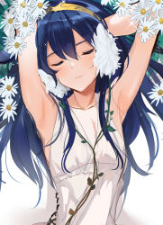 Rule 34 | 1girl, armpits, arms behind head, arms up, bare arms, blue hair, closed eyes, collarbone, cross-laced clothes, daisy, dress, facing viewer, fire emblem, flower, hair between eyes, hand in own hair, hands in hair, highres, long hair, lucina (fire emblem), nintendo, ormille, parted lips, sketch, sleeveless, sleeveless dress, solo, tiara, upper body, white background