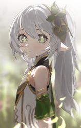 Rule 34 | 1girl, bare shoulders, blurry, blurry background, blush, closed mouth, commentary, cross-shaped pupils, darkzmonsty, depth of field, dress, english commentary, flat chest, from side, genshin impact, green eyes, grey hair, hair between eyes, hair ornament, highres, long hair, looking at viewer, looking to the side, nahida (genshin impact), pointy ears, ponytail, sleeveless, sleeveless dress, solo, symbol-shaped pupils, upper body, very long hair, white dress