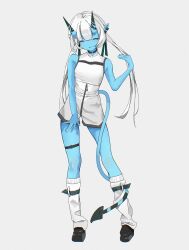 1girl absurdres alternate_hair_length alternate_hairstyle blue_skin colored_skin hair_between_eyes highres horns jacket long_hair looking_at_viewer lq9140 oni pointy_ears shirt sidelocks skirt smile solo soukaku_(zenless_zone_zero) white_hair white_shirt zenless_zone_zero