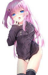 Rule 34 | 1girl, black thighhighs, blue eyes, blush, breasts, brown sweater, commentary request, covering privates, covering crotch, cross, cross necklace, hair between eyes, hair ornament, hairclip, heart, highres, jewelry, kouda suzu, latin cross, leaning forward, licking, licking finger, long hair, long sleeves, looking at viewer, necklace, original, pink hair, ribbed sweater, saliva, simple background, sleeves past wrists, small breasts, solo, sweater, thighhighs, tongue, tongue out, turtleneck, turtleneck sweater, very long hair, white background
