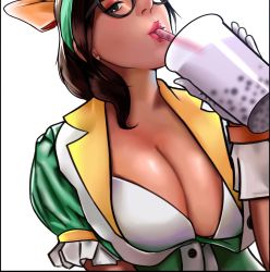 Rule 34 | 1girl, alternate costume, alternate hairstyle, booger wang, breasts, cleavage, cup, derivative work, food, fruit, glasses, gloves, green shirt, highres, holding, holding cup, honey, honeydew mei, large breasts, mei (overwatch), melon, official alternate costume, overwatch, overwatch 1, shirt, simple background, tea, visor cap, white background, white gloves