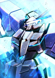 absurdres blue_eyes eye_trail glowing glowing_eyes highres kuri_giepi_(style) light_trail mecha motion_blur no_humans original robot science_fiction solo tierla upper_body