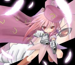 Rule 34 | 1girl, ?, benesse, cape, dual wielding, fang, feathers, gun, handgun, hat, hatena yousei, holding, pink hair, pink hat, pistol, red eyes, solo, weapon