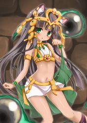 Rule 34 | 1girl, animal ears, bastet (p&amp;d), black hair, cat ears, cat tail, cross-laced footwear, crown, dark skin, dark-skinned female, egyptian, green eyes, jewelry, long hair, lots of jewelry, midriff, open mouth, puzzle &amp; dragons, rinka (yuyutei), solo, tail
