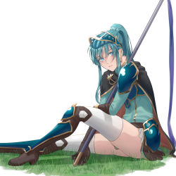 Rule 34 | 1girl, absurdres, aqua hair, armor, armored boots, black cape, blue eyes, boots, brown gloves, cape, commentary, cosplay, earrings, eirika (fire emblem), english commentary, ephraim (fire emblem), ephraim (fire emblem) (cosplay), fire emblem, fire emblem: the sacred stones, fire emblem heroes, gloves, grass, highres, holding, holding polearm, holding spear, holding weapon, jewelry, lips, long hair, long sleeves, looking at viewer, miniskirt, nintendo, official alternate costume, parted lips, polearm, ponytail, sabergoetia, shoulder armor, sidelocks, simple background, sitting, skirt, solo, spear, teeth, thighhighs, weapon, white background, white skirt, white thighhighs