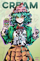 Rule 34 | 1girl, :q, absurdres, among us, borrowed character, bow, breasts, character name, cherry, crewmate (among us), cropped jacket, defaultz, food, food-themed hair ornament, frilled shirt, frills, fruit, green hair, green jacket, green nails, hair ornament, highres, holding food, holding ice cream, ice cream, ice cream hair ornament, jacket, medium breasts, name tag, orange skirt, original, red bow, shirt, short hair, skirt, sprinkles, tongue, tongue out, white shirt, yellow eyes