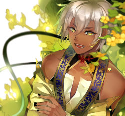 Rule 34 | 1boy, bare shoulders, black nails, collarbone, dark skin, detached sleeves, fangs, flower, highres, horns, japanese clothes, kei (ken ga kimi), ken ga kimi, looking at viewer, male focus, male polish, nail polish, open mouth, sandy7367, smile, solo, traditional clothes, white hair, yellow eyes