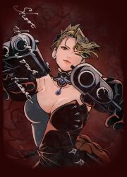 Rule 34 | 1girl, aiming, aiming at viewer, asymmetrical bangs, black dress, black gloves, blonde hair, blue gemstone, breasts, brooch, cleavage, closed mouth, dated, detached collar, dress, dual wielding, english text, floating hair, folded ponytail, formal, fullmetal alchemist, fullmetal alchemist mobile, gem, gloves, grey dress, gun, hair ornament, handgun, hands up, head tilt, highres, holding, jewelry, kachohuugetsu, large breasts, lipstick, looking at viewer, makeup, medium breasts, one eye closed, outstretched arms, pendant, red background, red eyes, red lips, riza hawkeye, smile, solo, strapless, strapless dress, two-tone dress, upper body, weapon