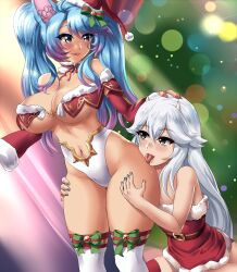 Rule 34 | 2girls, animal ear fluff, animal ears, blue eyes, blue hair, blue nails, breasts, cleavage, demon girl, demon horns, dress, fur-trimmed dress, fur-trimmed headwear, fur trim, grin, hand on another&#039;s head, hat, highres, horns, large breasts, leonart, leotard, licking thigh, long hair, looking at another, looking at viewer, multicolored hair, multiple girls, nail polish, navel, pink hair, red dress, red headwear, red nails, santa costume, santa dress, santa hat, silvervale, silvervale (christmas 2022), smile, streaked hair, swept bangs, thighhighs, tongue, tongue out, twintails, vei (vtuber), virtual youtuber, vshojo, white hair, white leotard, white thighhighs, wolf ears, wolf girl, yellow eyes, yuri