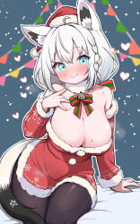 Rule 34 | 1girl, ahoge, alternate breast size, animal ear fluff, animal ears, bare shoulders, black pantyhose, blue background, blue eyes, blush, bow, braid, breasts, christmas, cleavage, commentary, cowboy shot, curvy, detached sleeves, dot nose, dress, fox ears, fox tail, fur-trimmed dress, fur-trimmed headwear, fur-trimmed sleeves, fur collar, fur trim, hand on ground, hand on own chest, hand up, hat, highres, hololive, kani bonara, large breasts, leaning forward, legs together, looking at viewer, medium hair, pantyhose, red dress, santa hat, shirakami fubuki, short dress, simple background, sitting, sleeveless, sleeveless dress, smile, snowflake print, snowing, solo, steam, straight hair, strapless, strapless dress, sweat, tail, virtual youtuber, white hair, wide hips