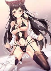 Rule 34 | 1girl, animal ears, atago, atago (azur lane), azur lane, black bra, black hair, black panties, black thighhighs, blush, bra, breasts, brown eyes, covered erect nipples, fukuda shuushi, garter straps, highres, kneeling, large breasts, long hair, looking at viewer, mole, mole under eye, open clothes, open shirt, panties, parted lips, shirt, smile, solo, thighhighs, underwear, undressing