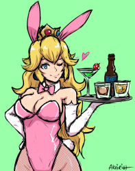 Rule 34 | 1girl, ;), akairiot, alcohol, animal ears, bare shoulders, blonde hair, blue eyes, bottle, bow, bowtie, breasts, cleavage, cocktail glass, cowboy shot, crown, cup, curly hair, detached collar, drink, drinking glass, earrings, elbow gloves, fake animal ears, fishnet pantyhose, fishnets, glass, gloves, green background, hand on own hip, heart, jewelry, large breasts, leotard, lips, long hair, looking at viewer, mario (series), metroid, mushroom, nintendo, one eye closed, pantyhose, plate, playboy bunny, princess peach, rabbit ears, rabbit tail, sketch, smile, solo, super mario bros. 1, super smash bros., tail, tray, white gloves, wine glass, wink, wrist cuffs