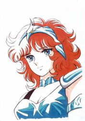Rule 34 | 1980s (style), 1girl, amazon warrior, aquila marin, araki shingo, armor, bird, blue eyes, breasts, cleavage, eagle, ink, large breasts, no mask, official art, official style, oldschool, ornament, red hair, retro artstyle, saint seiya, solo