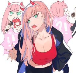 Rule 34 | 10s, cow (shadow), darling in the franxx, earrings, fangs, green eyes, hairband, horns, jacket, jewelry, multiple views, pink hair, red shirt, shirt, speech bubble, white hairband, zero two (darling in the franxx)
