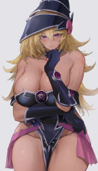 Rule 34 | 1girl, absurdres, arm up, bare shoulders, blonde hair, blush, blush stickers, breasts, bridal gauntlets, closed mouth, collarbone, dress, duel monster, elbow gloves, gloves, grey background, groin, hair between eyes, hand on own chin, hat, highres, huge breasts, kataku musou, looking at viewer, magi magi magician gal, no panties, off-shoulder dress, off shoulder, pelvic curtain, pink skirt, purple eyes, simple background, skindentation, skirt, smile, solo, thick thighs, thighs, thinking, underwear, wizard hat, yu-gi-oh!