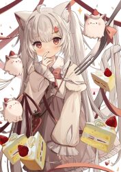 Rule 34 | 1girl, ahoge, animal ear fluff, animal ears, bag, blush, bow, bowtie, brown eyes, cake, cake slice, cat ears, cat girl, cat tail, cathead, chestnut mouth, collared dress, commentary request, confetti, dress, dress shirt, finger to mouth, food, food-themed hair ornament, fork, frilled dress, frilled shirt collar, frilled sleeves, frills, goma (u p), hair between eyes, hair ornament, hair over shoulder, hairclip, handbag, head tilt, heart, heart in eye, index finger raised, long bangs, long hair, long sleeves, looking at viewer, original, pink shirt, pink sleeves, puffy long sleeves, puffy sleeves, red bag, red bow, red bowtie, red dress, red ribbon, ribbon, shirt, shirt under dress, short dress, sidelocks, simple background, solo, sparkle, sparkle print, strawberry hair ornament, strawberry shortcake, symbol in eye, tail, twintails, very long hair, white background, white hair, white tail