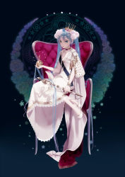 Rule 34 | 1girl, absurdly long hair, aqua eyes, aqua hair, choker, commentary, crown, flower, full body, hair between eyes, hair flower, hair ornament, hatsune miku, high heels, highres, holding, jewelry, long hair, looking at viewer, necklace, rose, shoes, sitting, solo, star (symbol), t0rped0, very long hair, vocaloid, white flower, white footwear, white rose