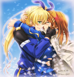 Rule 34 | 2girls, arms around neck, belt, black gloves, blonde hair, blue jacket, blue pants, blue ribbon, blue skirt, blush, brown hair, cherry blossoms, closed mouth, commentary, dated, english commentary, closed eyes, fingerless gloves, from side, gloves, green eyes, gym uniform, hair ornament, hair ribbon, hairclip, half-closed eyes, hand on another&#039;s face, hand on another&#039;s head, highres, hug, jacket, jacket on shoulders, long sleeves, lyrical nanoha, mahou shoujo lyrical nanoha vivid, military, military uniform, multiple girls, open mouth, pants, pencil skirt, ribbon, san-pon, side ponytail, single vertical stripe, skirt, smile, standing, tsab naval military uniform, uniform, vivio, white belt, white jacket, x hair ornament, yagami hayate, yuri