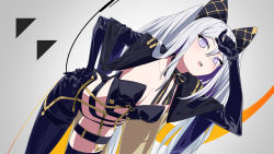 Rule 34 | 1girl, alchemy stars, asymmetrical clothes, black gloves, blush, breasts, choker, cleavage, collarbone, gloves, grey hair, hair between eyes, hand on own hip, highres, leaning forward, long hair, long sleeves, looking at viewer, medium hair, open mouth, purple eyes, scar, scar across eye, single pantsleg, single thighhigh, slit pupils, smokey (alchemy stars), smokey (imprisonment of greed) (alchemy stars), sohin, solo, thigh strap, thighhighs, twintails