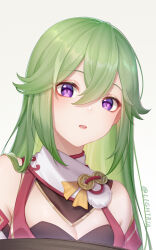 Rule 34 | 1girl, bare shoulders, breasts, cleavage, commentary request, cosplay, genshin impact, green hair, grey background, kuki shinobu, lightria, long hair, looking at viewer, parted lips, purple eyes, simple background, small breasts, solo, upper body, very long hair, yanfei (genshin impact), yanfei (genshin impact) (cosplay)