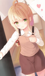 Rule 34 | 1girl, :|, ahoge, apron, blonde hair, blunt bangs, blurry, blurry background, blush, broken heart, closed mouth, collared shirt, commentary request, cowboy shot, crotch outline, doorway, dutch angle, flat chest, furrowed brow, green eyes, groin outline, hair ribbon, hand on own chest, heart, highres, indoors, jewelry, komone ushio, light blush, long hair, long sleeves, looking at viewer, original, petite, pink apron, ponytail, pov doorway, red ribbon, red skirt, ribbon, ring, shirt, shy, sidelocks, skirt, solo, standing, sweatdrop, unbuttoned, unbuttoned shirt, wavy mouth, white shirt, wooden floor