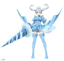 Rule 34 | 1girl, armor, black clover, black clover m: rise of the wizard king, blue armor, blue footwear, blue gloves, blue skirt, book, boots, breastplate, clenched hand, elbow gloves, fingerless gloves, full body, gloves, grey hair, grimoire, holding, holding weapon, looking at viewer, noelle silva, official alternate costume, official art, open book, pauldrons, purple eyes, shoulder armor, simple background, skirt, solo, thigh boots, tiara, twintails, weapon, white background