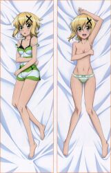 Rule 34 | 10s, 1girl, absurdres, akatsuki kirika, arm up, armpits, bare shoulders, barefoot, bed sheet, blonde hair, breasts, collarbone, covering breasts, covering privates, dakimakura (medium), groin, hair ornament, highres, looking at viewer, navel, no bra, official art, open mouth, pajamas, panties, senki zesshou symphogear, short hair, small breasts, smile, striped clothes, striped pajamas, striped panties, thighs, topless, underwear, yellow eyes