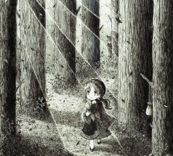 Rule 34 | 1girl, absurdres, child, closed mouth, greyscale, highres, light rays, long hair, looking away, monochrome, original, outdoors, scenery, solo, sunbeam, sunlight, tree, usio ueda, walking, wavy hair