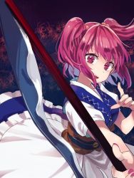 Rule 34 | 1girl, akizuki haruhi, coin, from side, hair bobbles, hair ornament, holding, looking at viewer, nail polish, obi, onozuka komachi, open mouth, pink eyes, pink hair, sash, scythe, short sleeves, solo, touhou, twintails, two side up