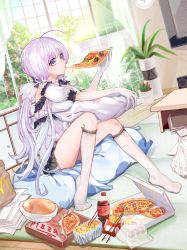 Rule 34 | ahoge, azur lane, blue eyes, bread, cheese trail, coke bottle, eating, food, french fries, gloves, highres, illustrious (azur lane), interior, kneehighs, light purple hair, low twintails, pizza, pizza slice, sitting, socks, solo, twintails, white socks, wusebuhui