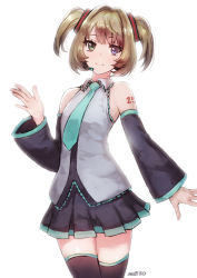 Rule 34 | 1girl, bare shoulders, blue eyes, blush, brown hair, commentary request, cosplay, detached sleeves, female focus, fringe trim, green eyes, hair intakes, hatsune miku, hatsune miku (cosplay), headset, heterochromia, idolmaster, idolmaster cinderella girls, looking at viewer, meto31, mole, mole under eye, necktie, short hair, short twintails, skirt, smile, solo, takagaki kaede, thighhighs, twintails, vocaloid, zettai ryouiki