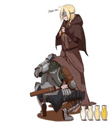 Rule 34 | 1boy, 1girl, absurdres, armor, arrow (projectile), ashen one (dark souls 3), barefoot, blindfold, blonde hair, blush, brown dress, brown skirt, capelet, character name, crown, dark souls (series), dark souls iii, dress, drinking pee, elbow pads, enpera, estus flask, fire keeper, flying sweatdrops, full armor, gauntlets, highres, hood, hood down, hooded capelet, huqu, long skirt, long sleeves, armored boots, pee, quiver, scarf, simple background, skirt, tiptoes, under skirt, white background