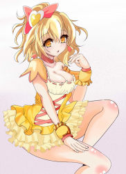 Rule 34 | 00s, 1girl, blonde hair, blush, body blush, breasts, choker, cleavage, corset, cure pine, dress, earrings, fresh precure!, hair ornament, heart, heart hair ornament, jewelry, looking at viewer, magical girl, open mouth, precure, short hair, side ponytail, simple background, skirt, solo, toratora (nanahaba), yamabuki inori, yellow eyes