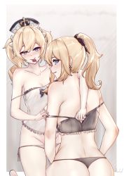 Rule 34 | 2girls, absurdres, artist name, ass, back, barbara (genshin impact), bare shoulders, black bow, black bra, black panties, blonde hair, blush, border, bow, bra, breasts, bwcloud, camisole, cleavage, collarbone, condom, condom in mouth, condom wrapper, cross, cross earrings, dimples of venus, earrings, from behind, genshin impact, grey background, groin, hair bow, hair ornament, hat, heart, heart-shaped pupils, highres, jean (genshin impact), jewelry, leg between thighs, long hair, looking at viewer, looking back, medium breasts, mouth hold, multiple girls, outside border, panties, ponytail, siblings, side-tie panties, signature, simple background, sisters, spaghetti strap, straddling, strap pull, strap slip, symbol-shaped pupils, twintails, underwear, unzipping, white background, white border, white camisole, white panties
