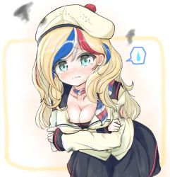 Rule 34 | 1girl, beret, black skirt, blonde hair, blue eyes, blue hair, blush, breasts, cleavage, collarbone, commandant teste (kancolle), hat, kantai collection, kasashi (kasasi008), large breasts, long hair, long sleeves, looking at viewer, multicolored hair, pom pom (clothes), red hair, scarf, skirt, solo, streaked hair, tearing up, torn clothes, wavy hair