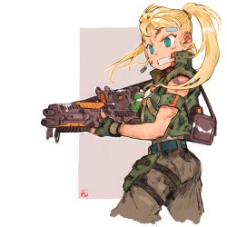 Rule 34 | 1girl, aiming, ammunition pouch, andrewcockroach, aqua eyes, armband, bandaid, bandaid on face, bandaid on forehead, bandolier, blonde hair, camouflage, cargo pants, dog tags, earrings, facepaint, fingerless gloves, flak jacket, gloves, green gloves, gun, gun sling, high collar, highres, holding, holding gun, holding weapon, jacket, jewelry, light machine gun, long hair, military, original, pants, pouch, sleeveless, solo, teeth, twintails, weapon