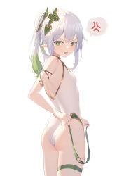 Rule 34 | 1girl, airool, alternate costume, anger vein, armlet, ass, backless leotard, bare shoulders, breasts, commentary, cowboy shot, cross-shaped pupils, english commentary, fang, from behind, genshin impact, gold trim, gradient hair, green eyes, green hair, hair ornament, highres, leotard, long hair, looking at viewer, looking back, multicolored hair, nahida (genshin impact), open mouth, pointy ears, ponytail, scowl, shiny skin, sidelocks, simple background, skin fang, small breasts, solo, spoken anger vein, standing, symbol-shaped pupils, thigh strap, v-shaped eyebrows, wet, wet hair, white background, white hair, white leotard