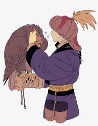 Rule 34 | 1boy, animal, bag, bird, bird on hand, black hair, braid, braided ponytail, covered face, cropped torso, cuffs, dressing another, eagle, from side, fur hat, gloves, hair ribbon, hand up, hat, hat feather, hat over eyes, highres, kenkon no washi, li sakura, long hair, long sleeves, male focus, mask, mouth mask, outstretched arms, profile, putting on mask, red headwear, ribbon, ribbon braid, robe, sash, single braid, white ribbon